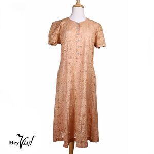 Vintage 40s Pink Lace Dress Shoulder Pads Glass Buttons Snaps B40 W34 - Hey Viv